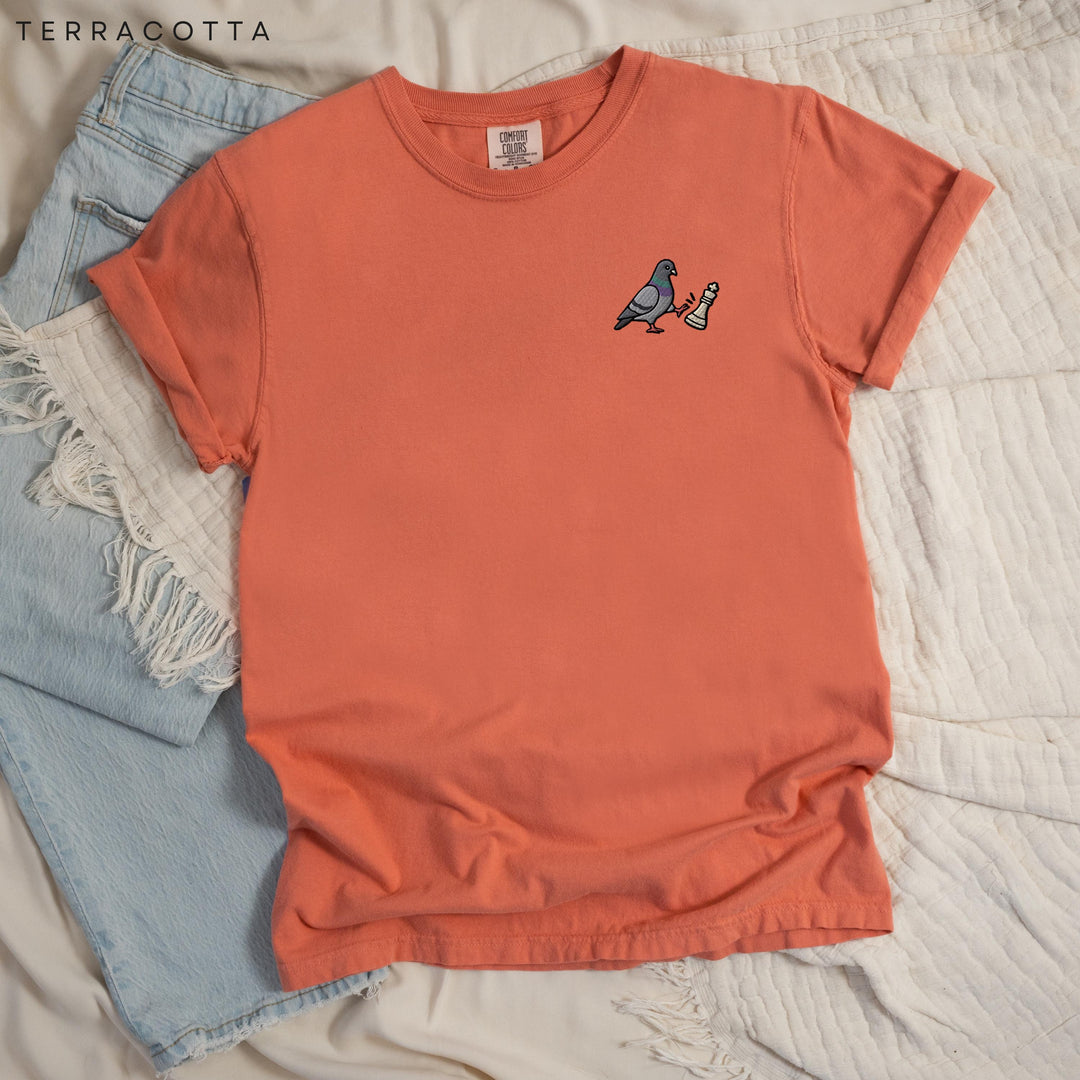 Chess Pigeon Embroidered Comfort Colors® T-Shirt, Funny Pigeon Chess Shirt, Sassy Bird Tee, Gift for Chess Player