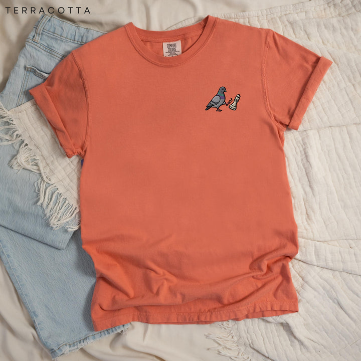 Chess Pigeon Embroidered Comfort Colors® T-Shirt, Funny Pigeon Chess Shirt, Sassy Bird Tee, Gift for Chess Player