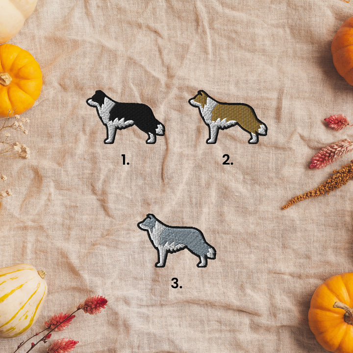 Embroidered border collie design on a t-shirt, numbered design options