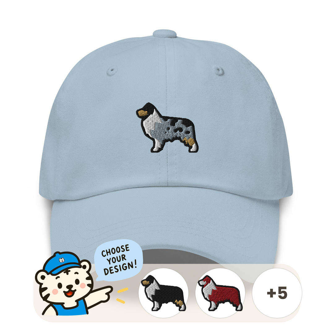 Embroidered australian shepherd dog design on a dad cap