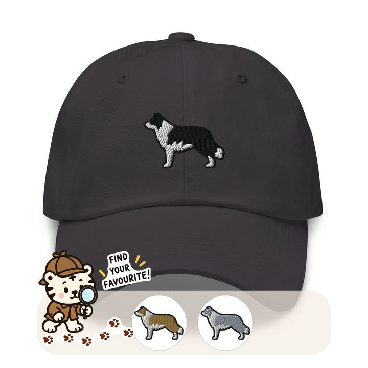 Embroidered border collie design on a dad cap