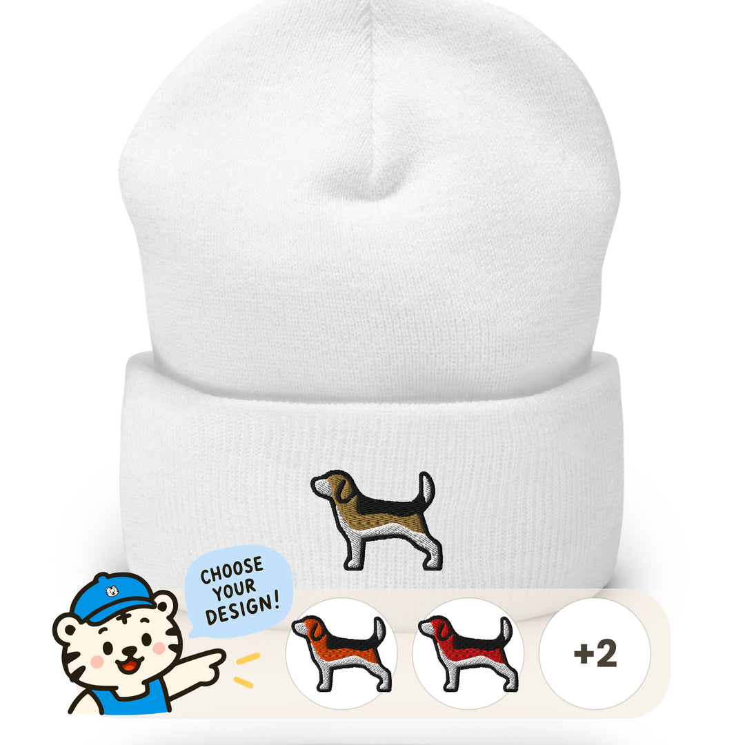 Embroidered beagle design on a beanie