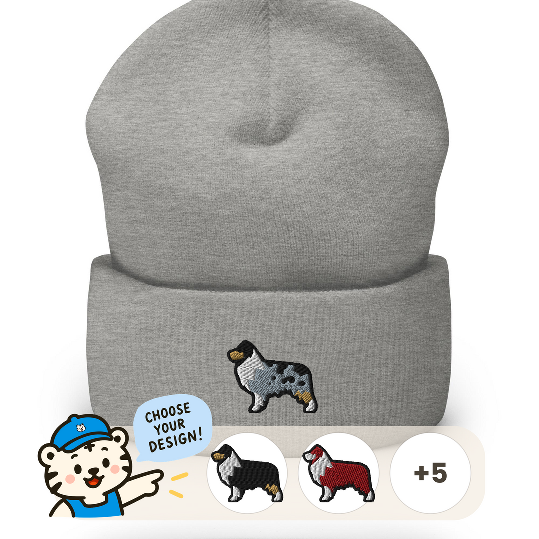 Embroidered australian shepherd dog design on a beanie