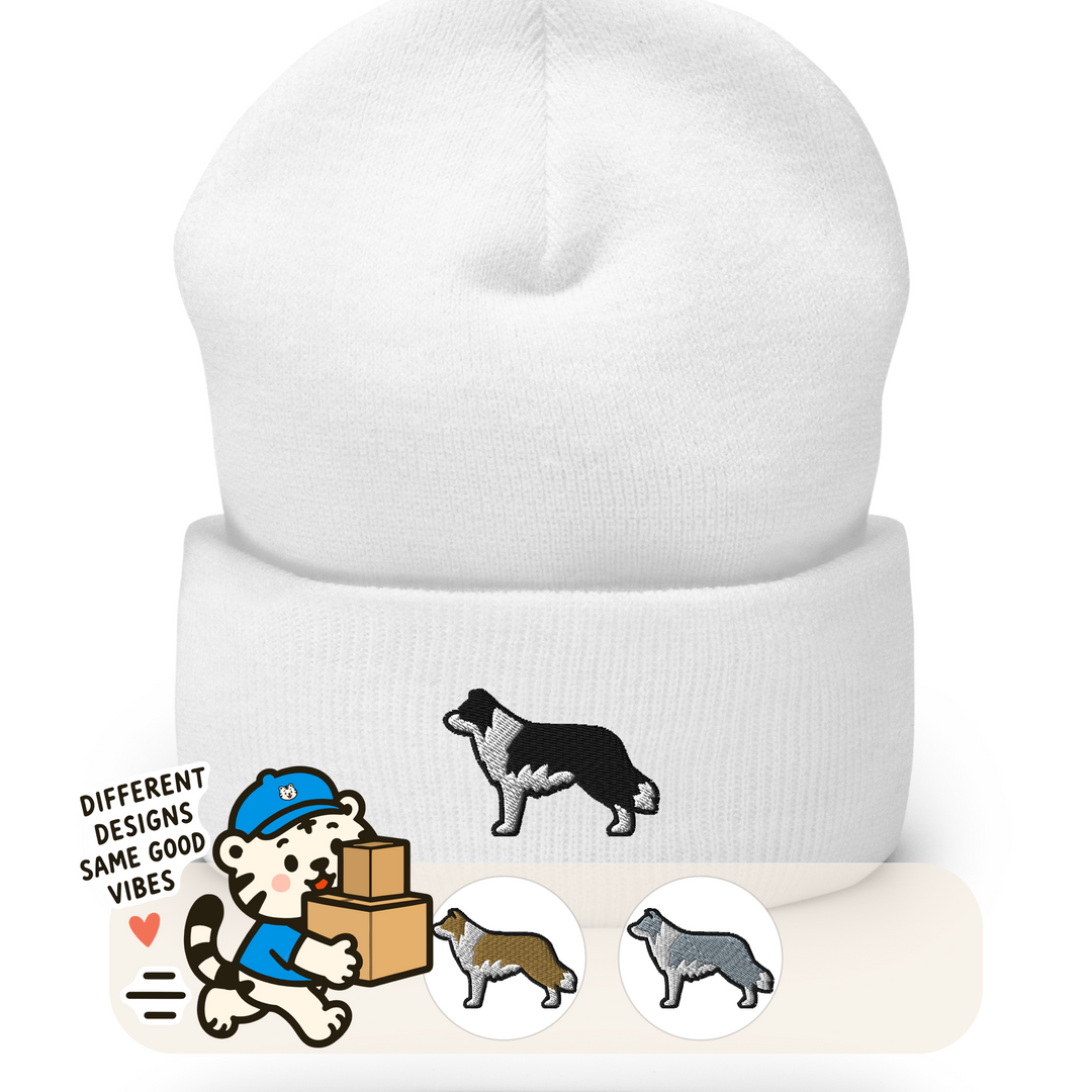 Embroidered border collie design on a beanie