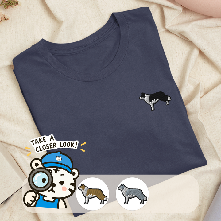 Embroidered border collie design on a t-shirt