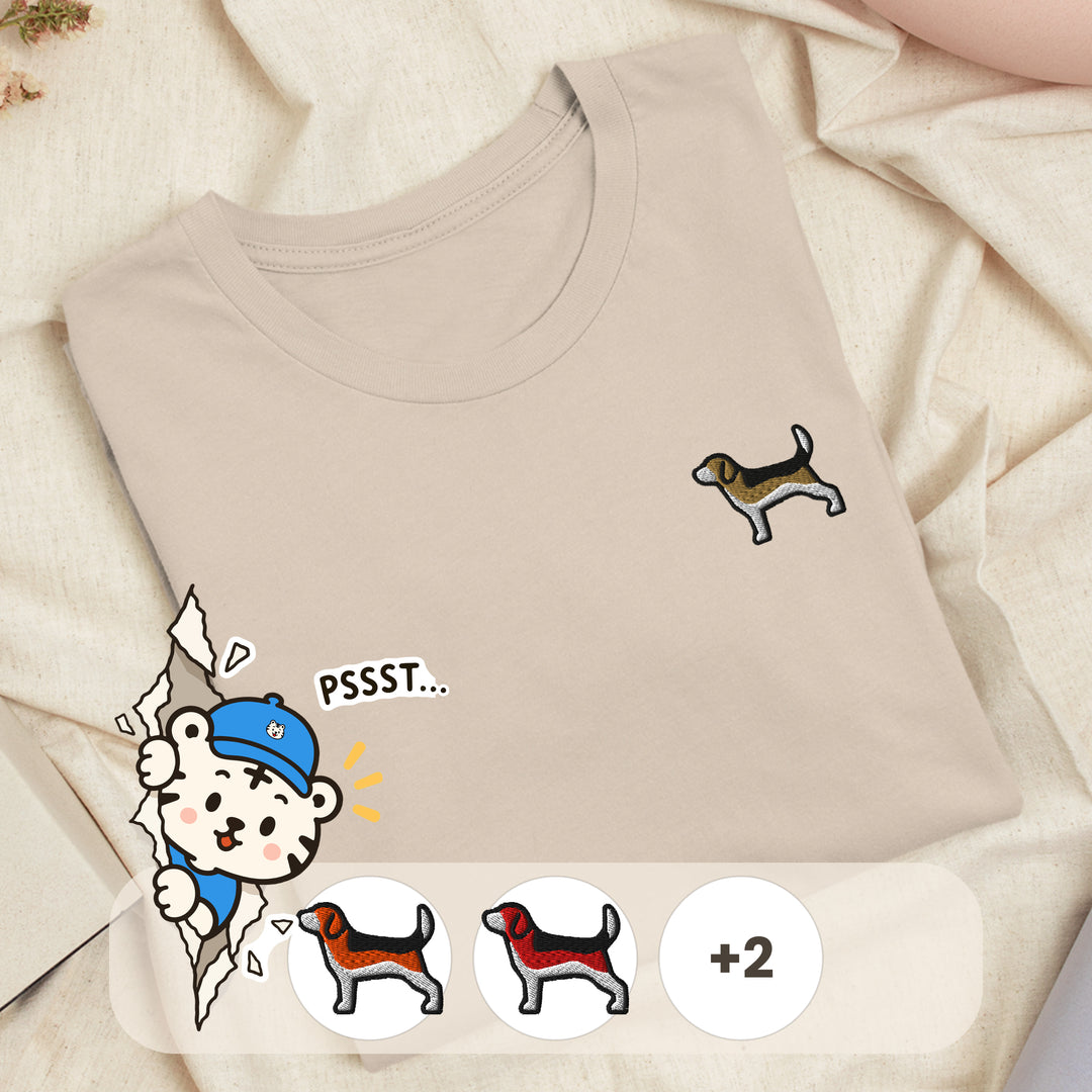 Embroidered beagle design on a t-shirt