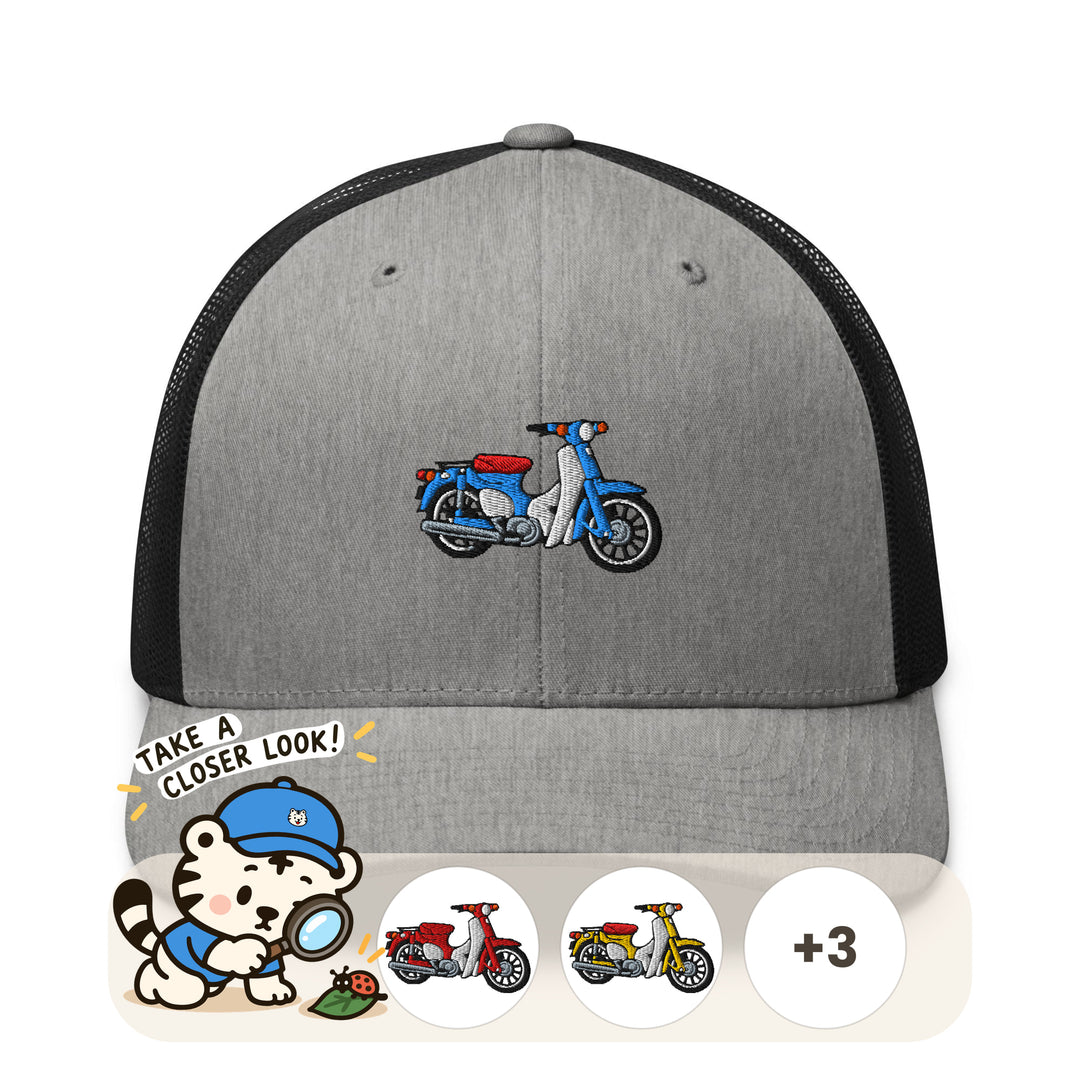 Classic Japanese Commuter Motorbike Embroidered Trucker Hat: Structured Retro Cap with Mesh Back