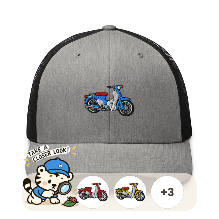 Classic Japanese Commuter Motorbike Embroidered Trucker Hat: Structured Retro Cap with Mesh Back