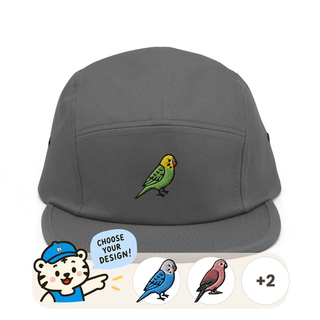 Bourke's Parakeet & Budgie Embroidered 5‑Panel Cotton Camper Cap: Adjustable Fit