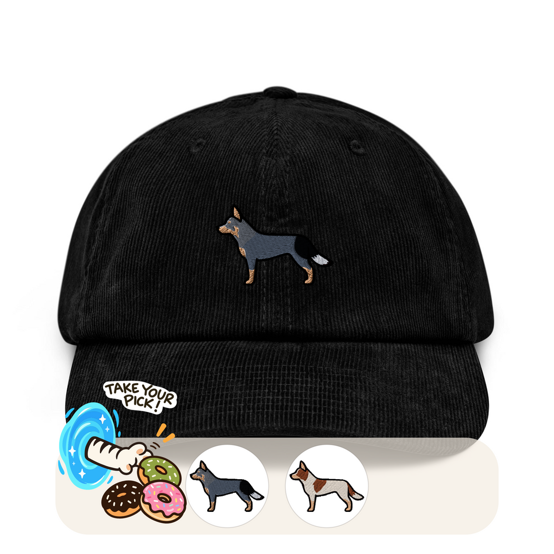 Australian Cattle Dog Embroidered Corduroy Cap, Blue Heeler Red Heeler Hat, Queensland Heeler Dog Lover Gift