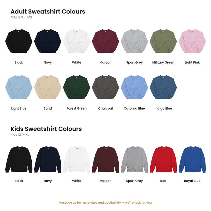 Sweatshirt colour chart: adult and kids colours