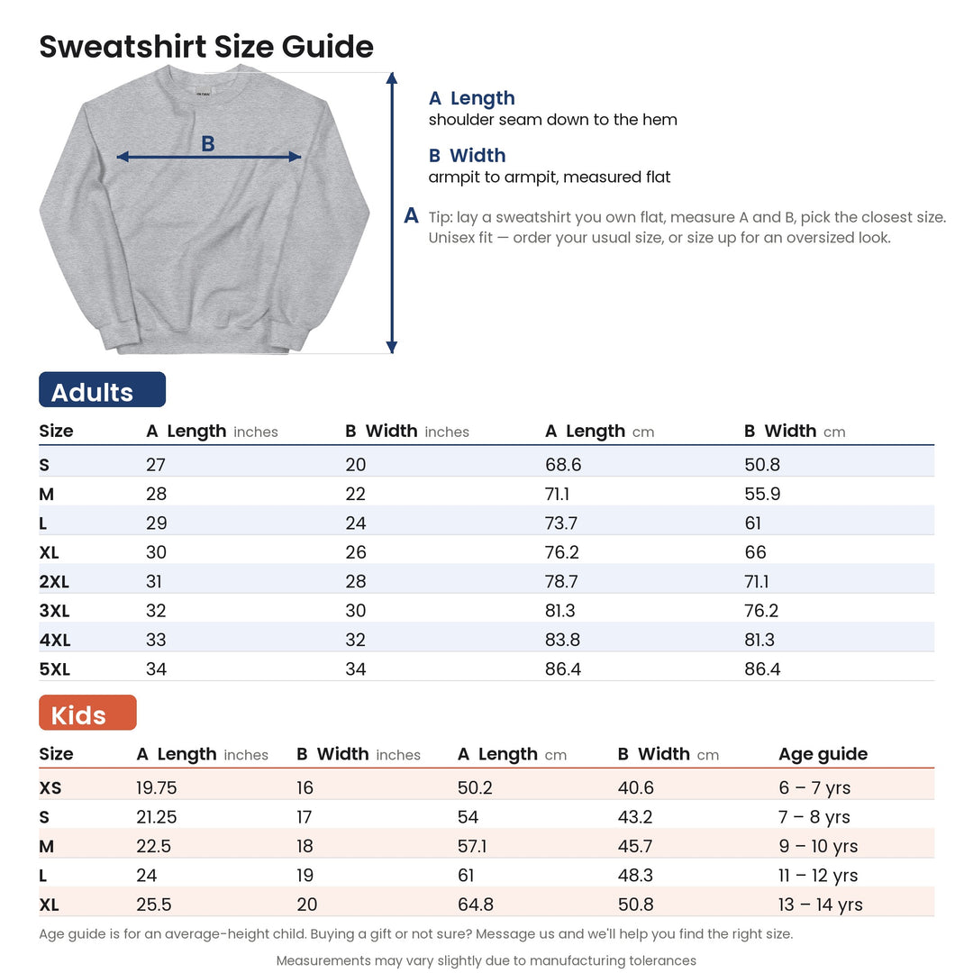 Sweatshirt size guide: adults and kids