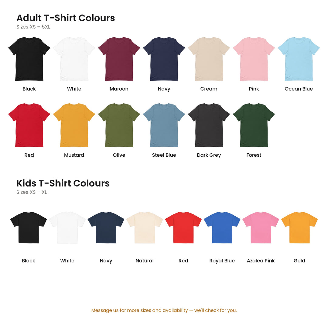 T-shirt colour chart: adult and kids colours