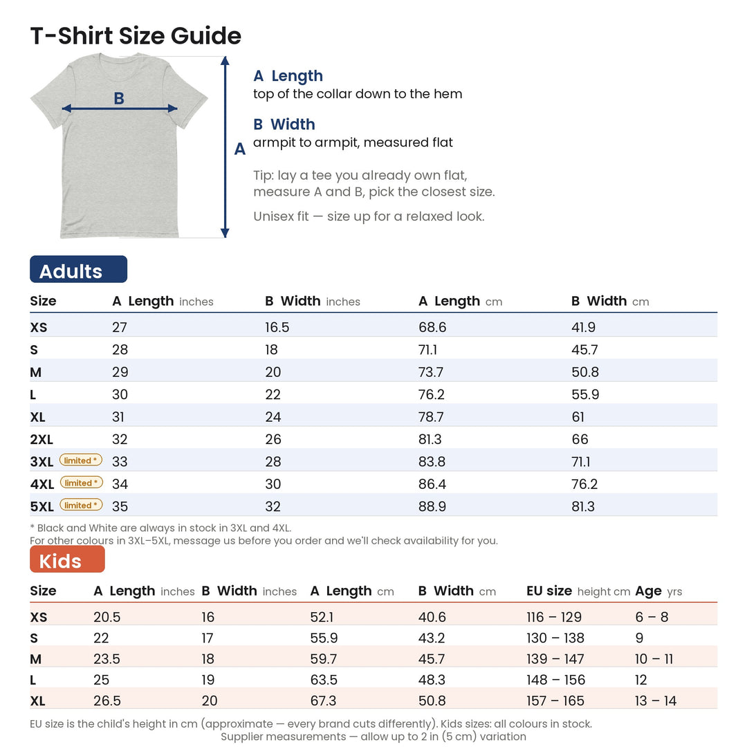 T-shirt size guide: adults and kids